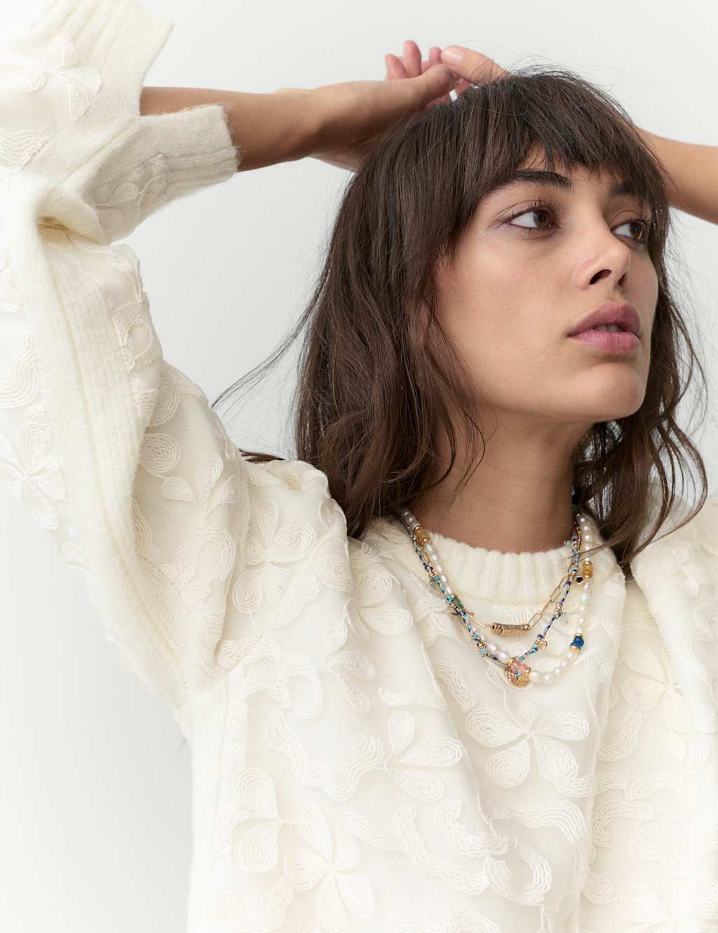 M&S Mesh Crew Neck Lace Detail Jumper Cream