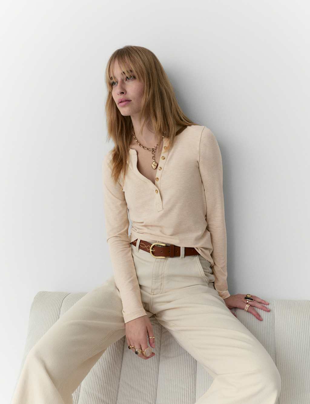 Per Una Marled Jersey Henley Top Oatmeal