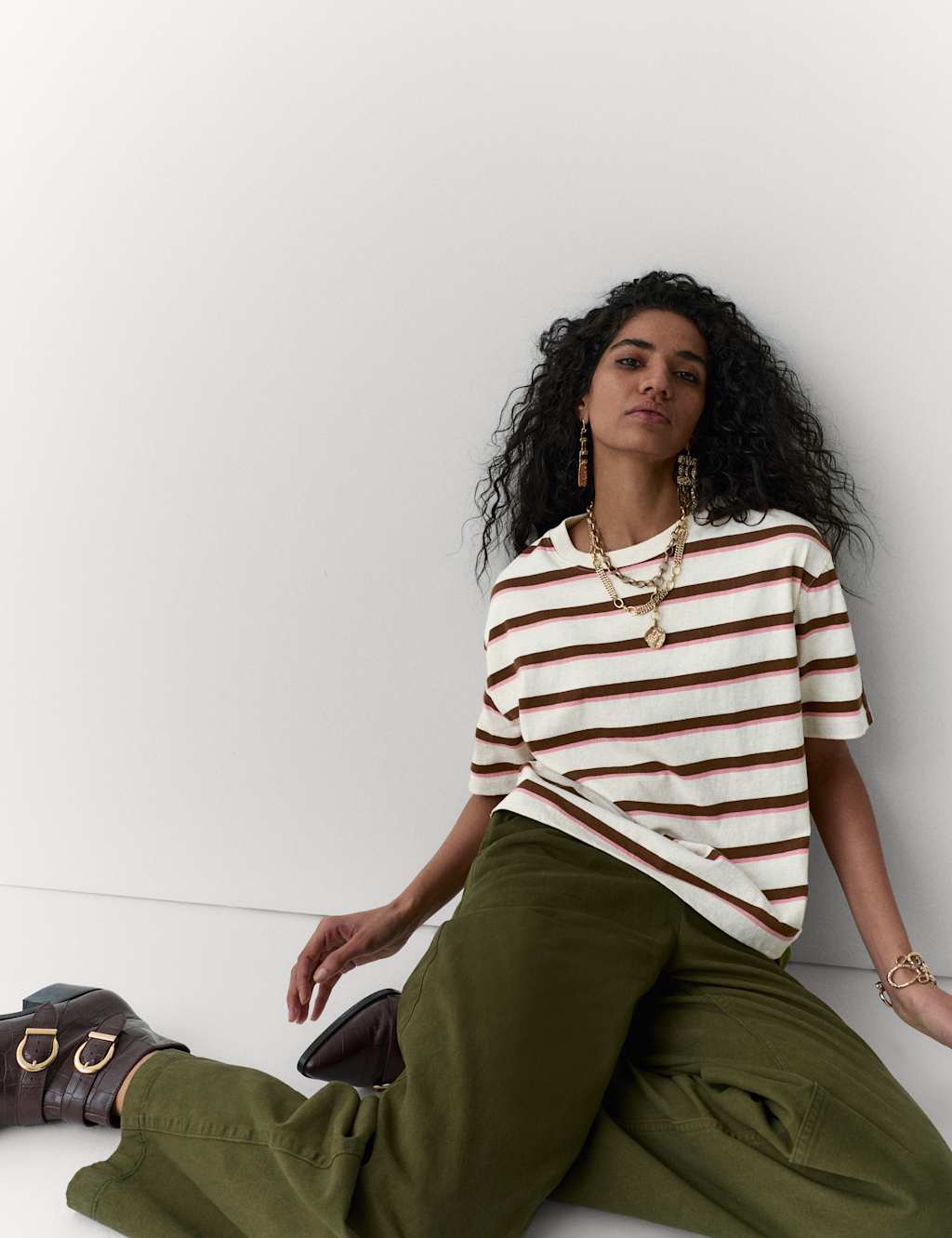 Per Una Women's Pure Cotton Striped Boxy T-Shirt - 10 - Pink Mix