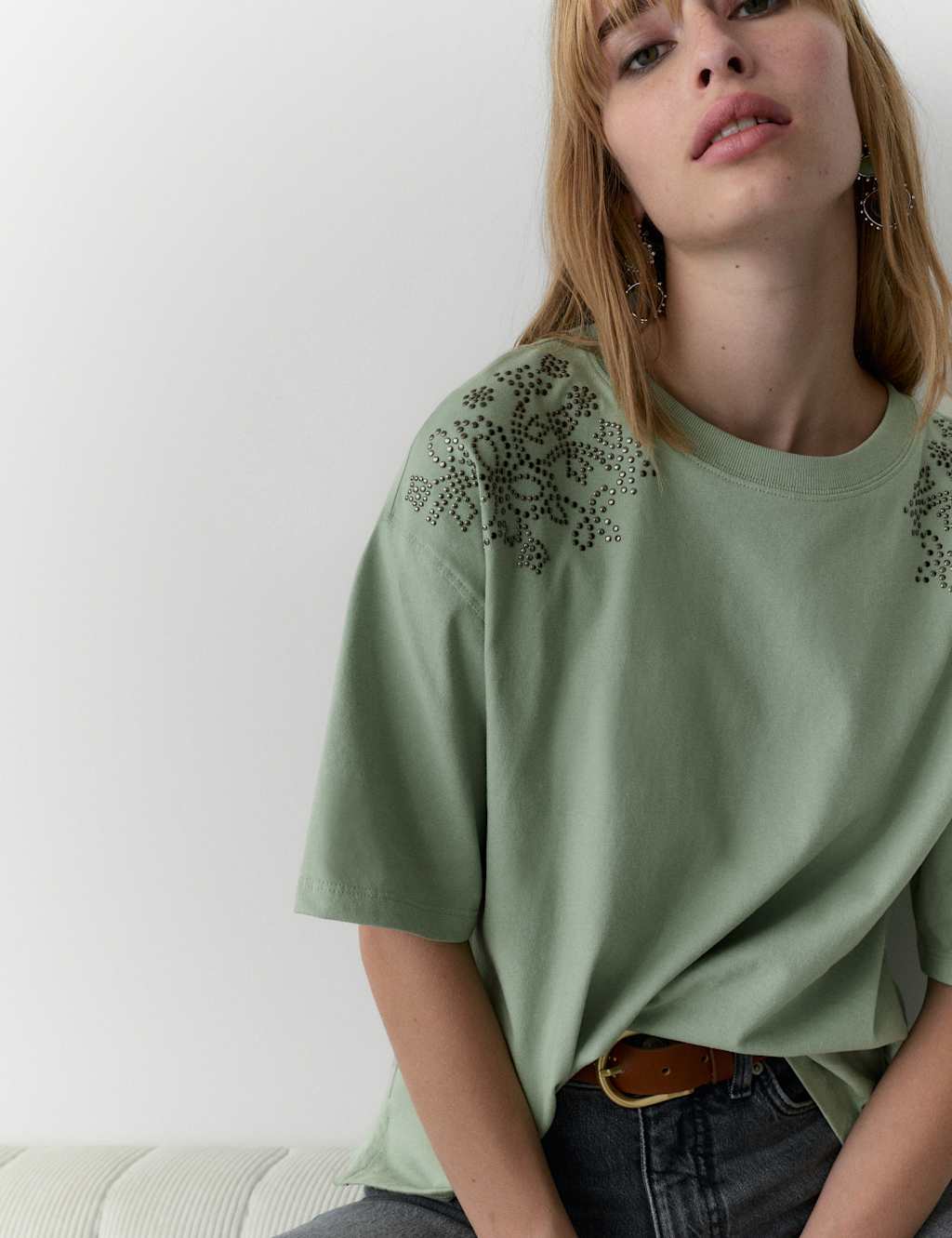 Per Una Pure Cotton Studded T-Shirt Sage Green