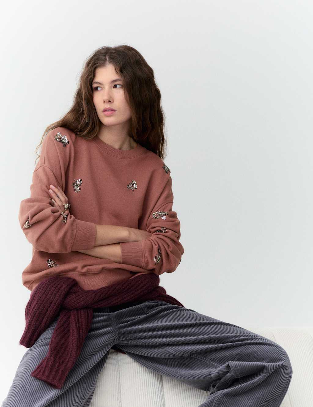 Per Una Pure Cotton Sequin Embellished Sweatshirt Hazelnut