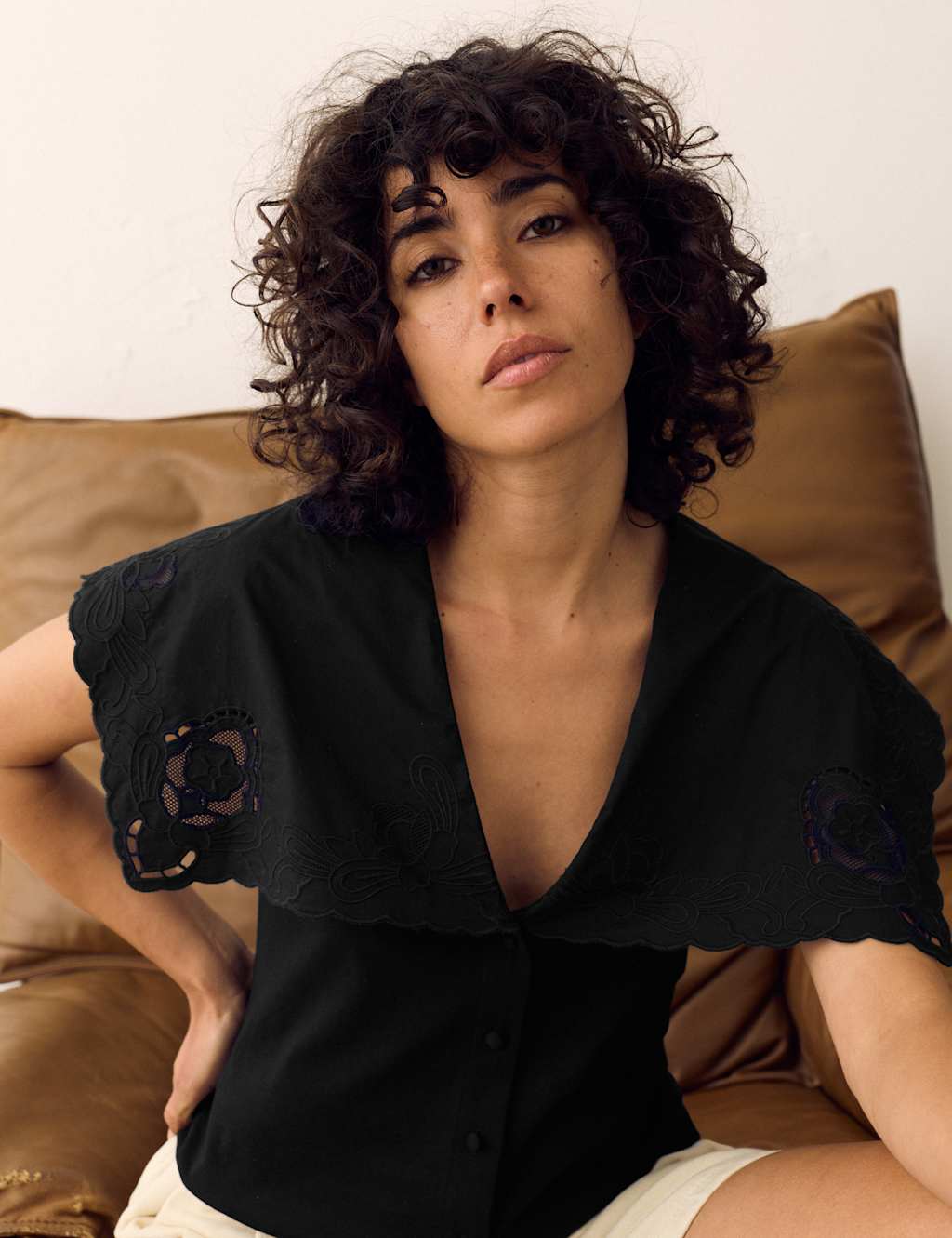 Per Una Women's Pure Cotton Embroidered V-Neck Top - 14 - Black