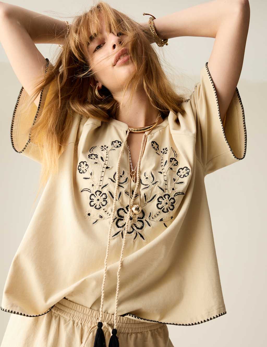 Pure Cotton Embroidered Tie Neck Blouse