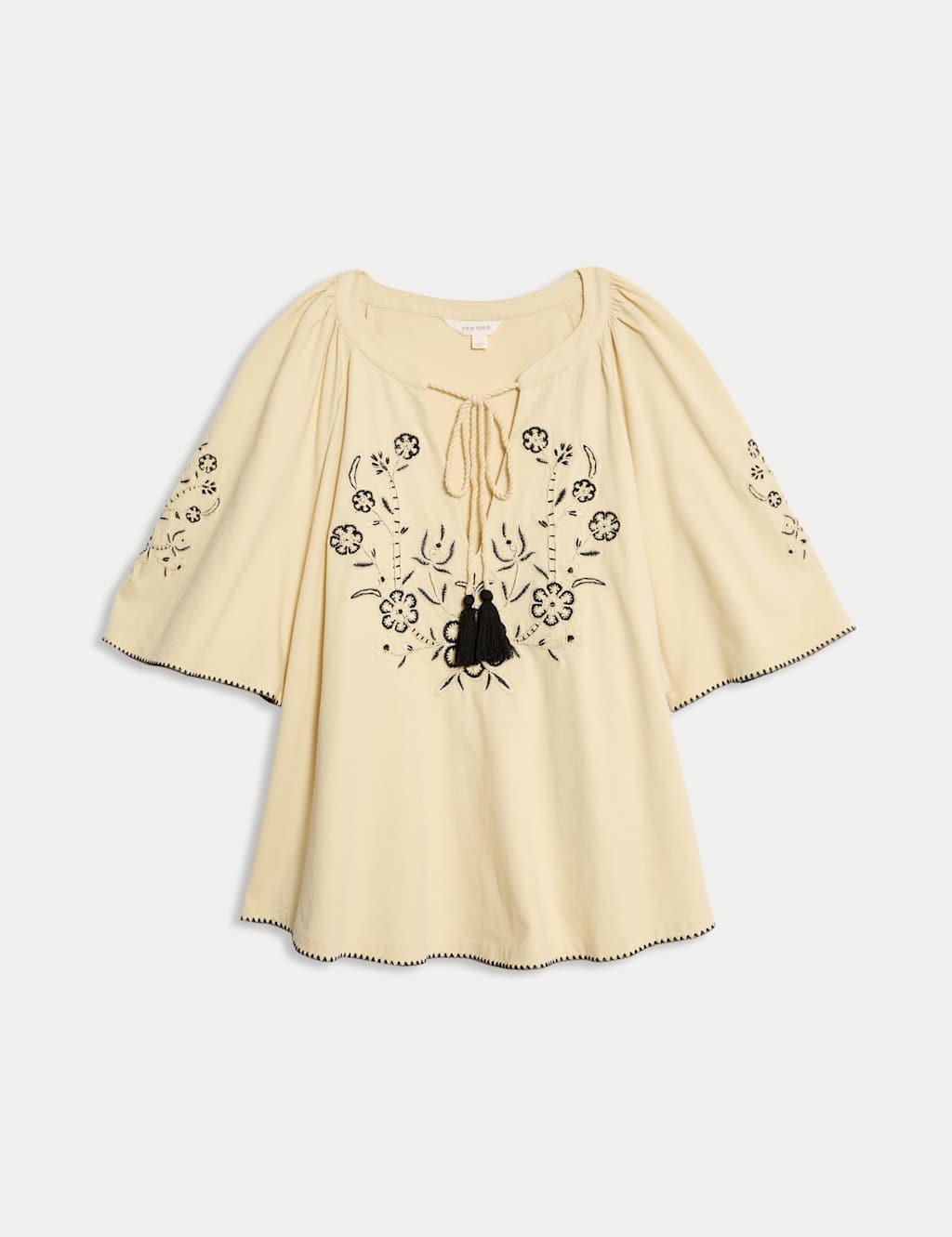 Pure Cotton Embroidered Tie Neck Blouse