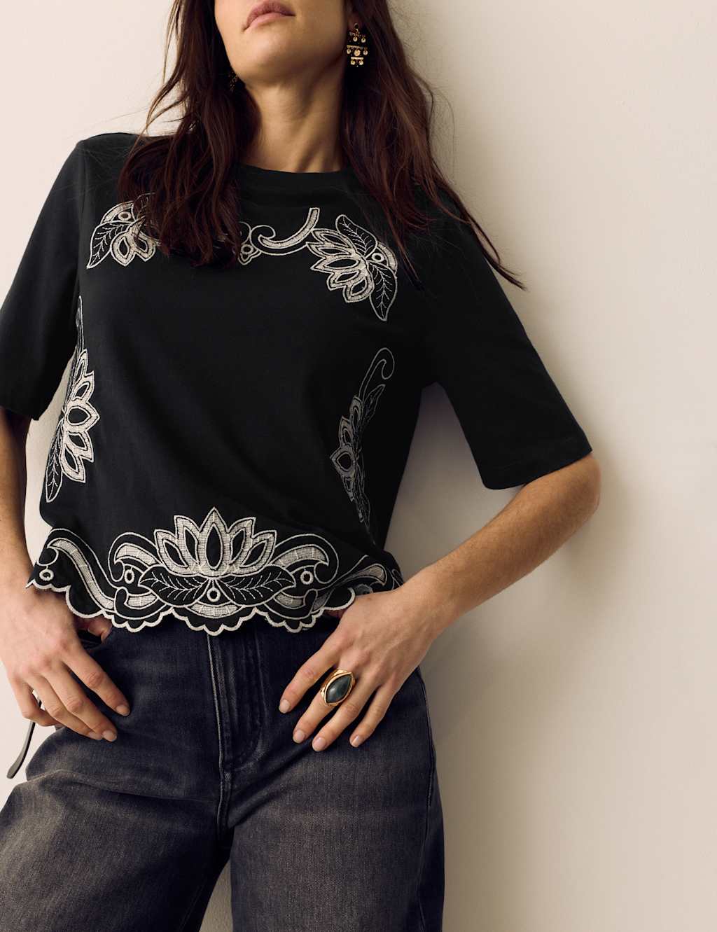 Per Una Women's Pure Cotton Jersey Embroidered T-Shirt - 18 - Black