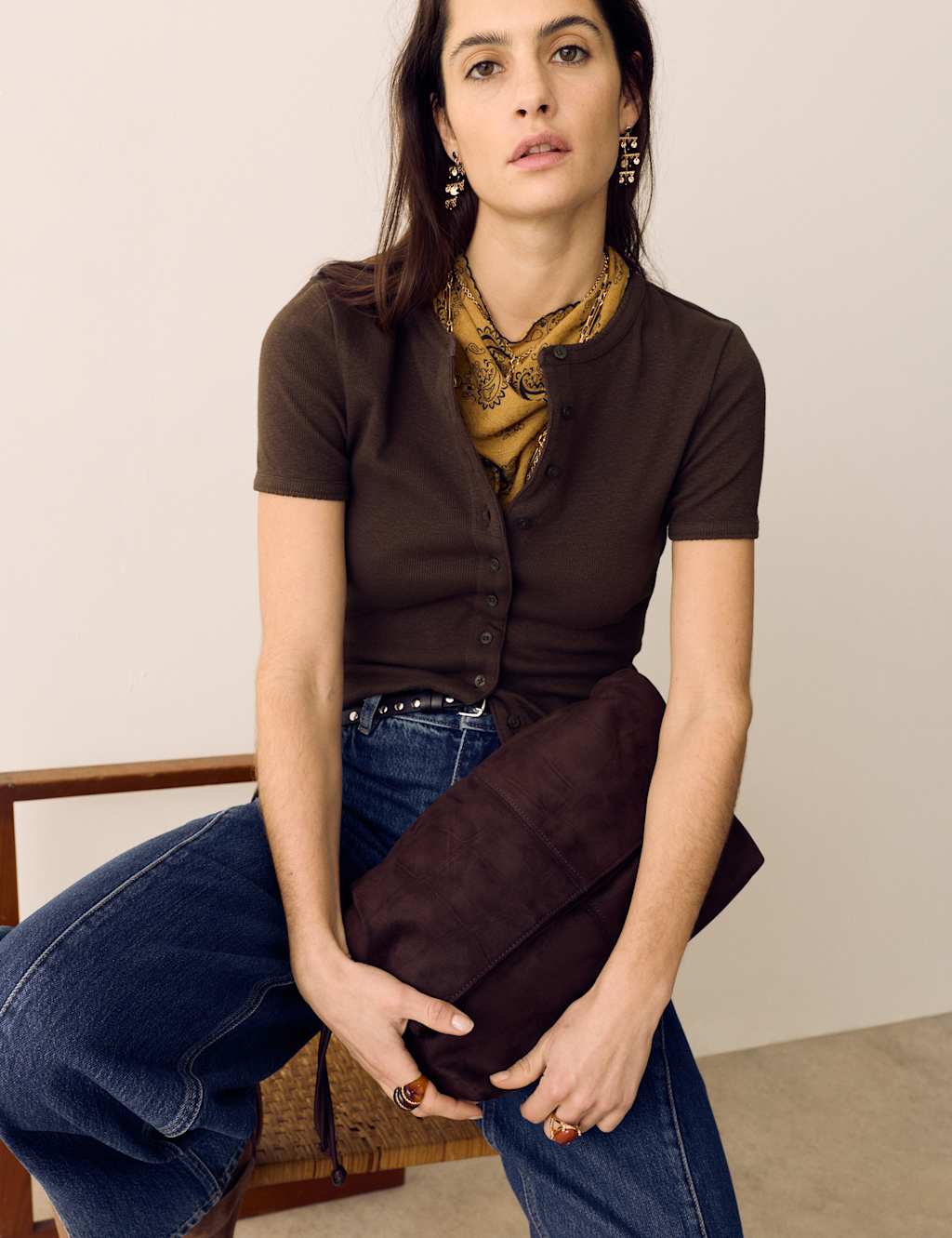 Per Una Women's Cotton Rich Ribbed Button Front Top - 18 - Dark Mole
