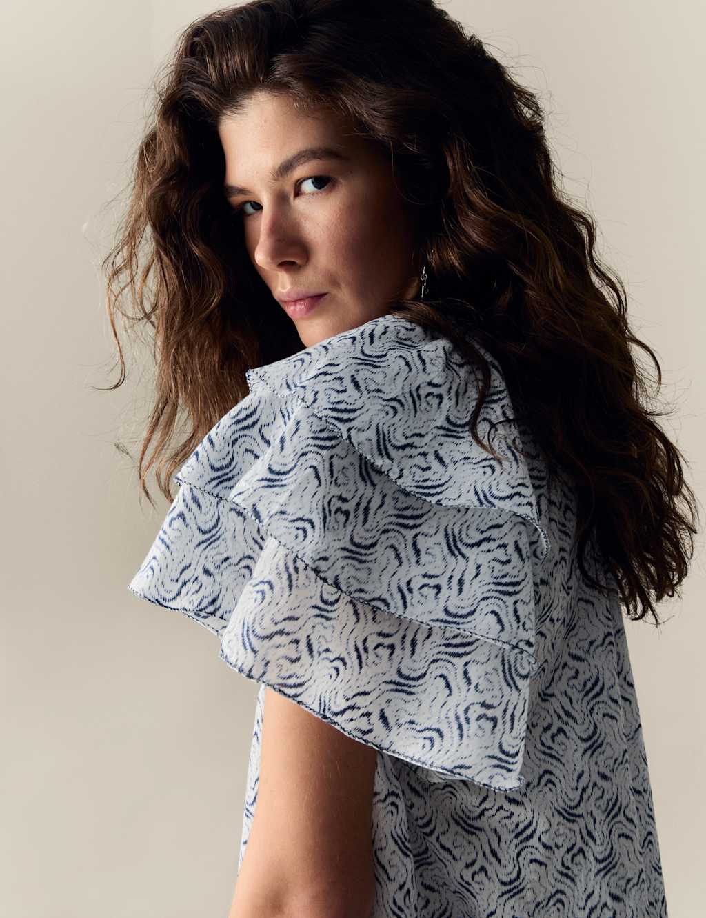 Cotton Rich Printed Tie Neck Frill Detail Top