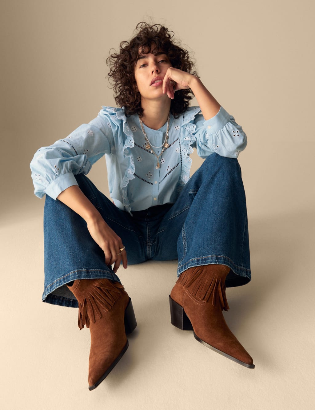 Pure Cotton Embroidered Ruffle Shirt