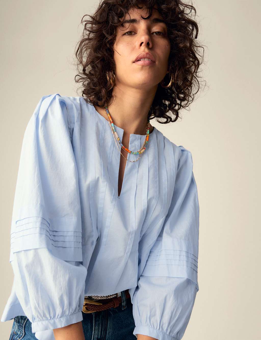 Pure Cotton V-Neck Pintuck Blouse