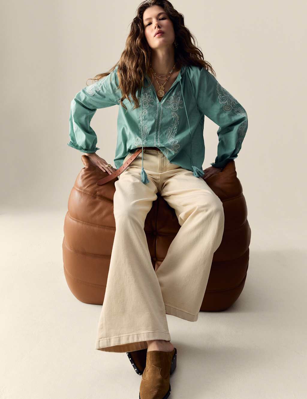 Pure Cotton Embroidered Tie Neck Oversized Blouse