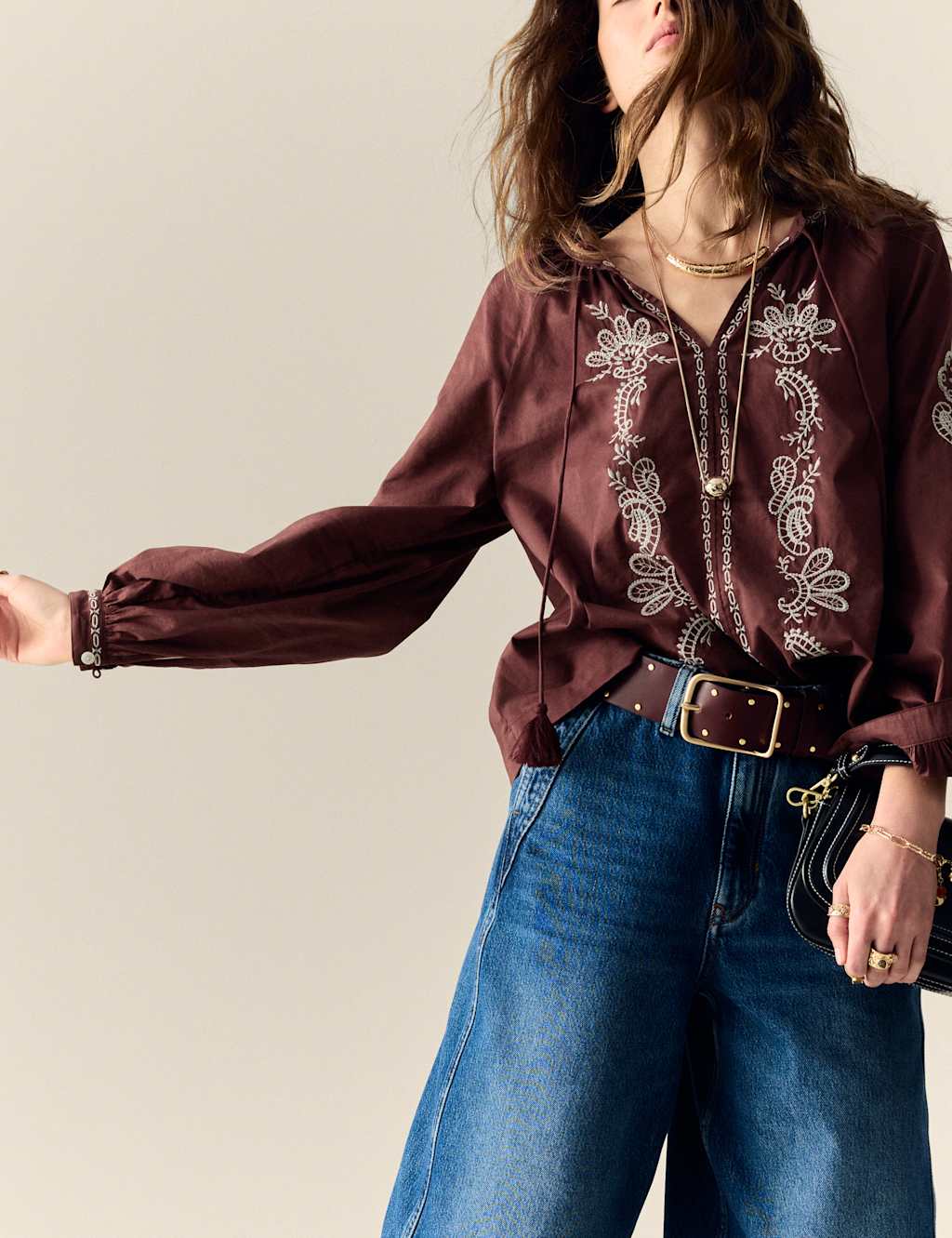 Pure Cotton Embroidered Tie Neck Oversized Blouse