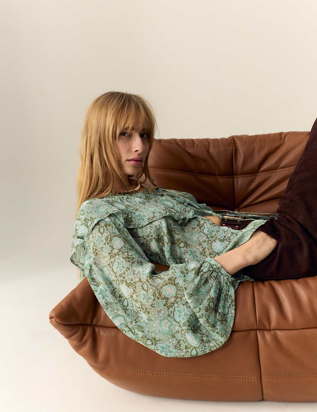 Per Una Printed Tie Neck Ruffle Blouse Green Mix