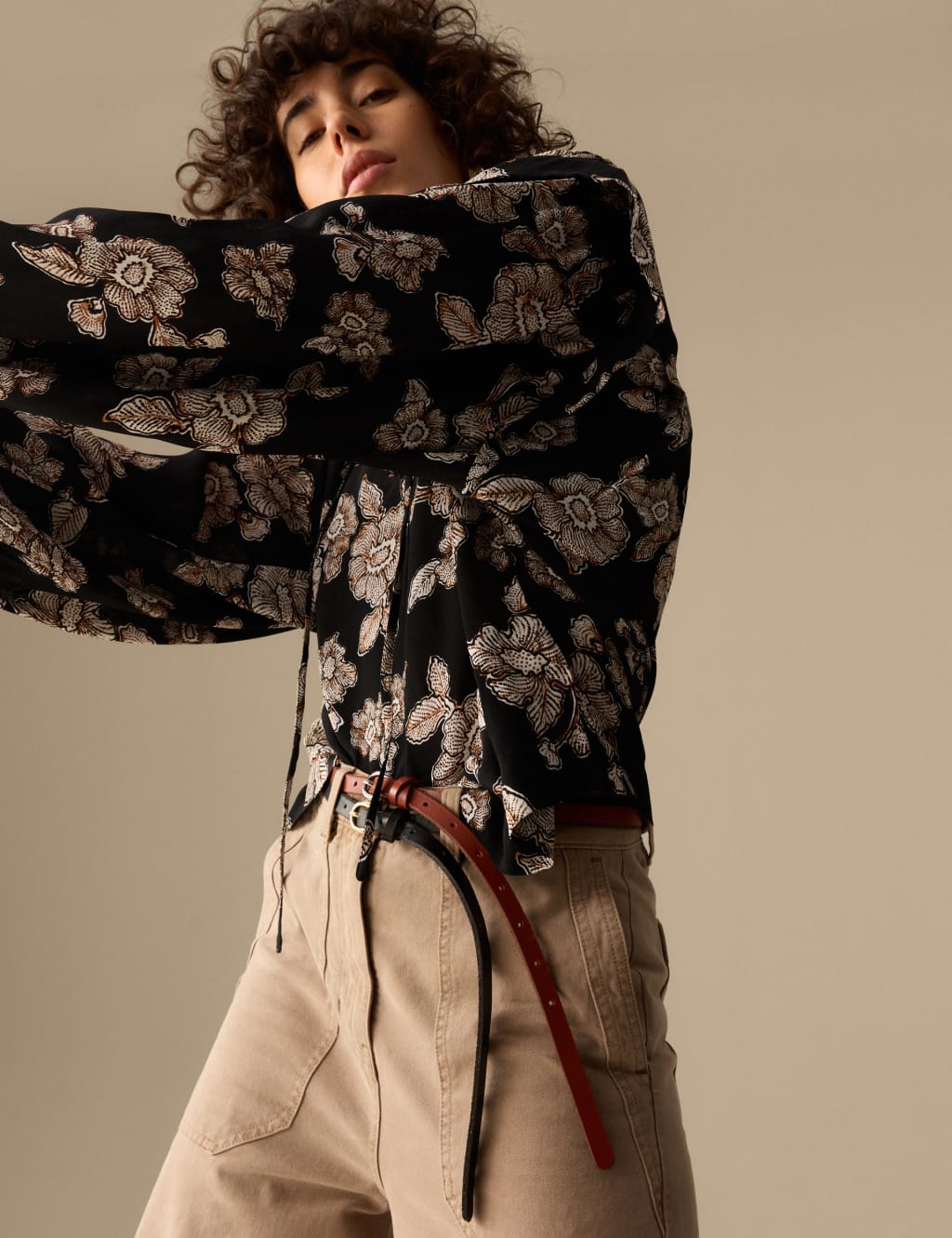 Floral Tie Neck Blouson Sleeve Blouse