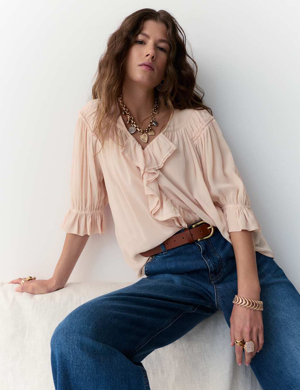 Per Una Ruffle V-Neck Poet Blouse Blush Pink