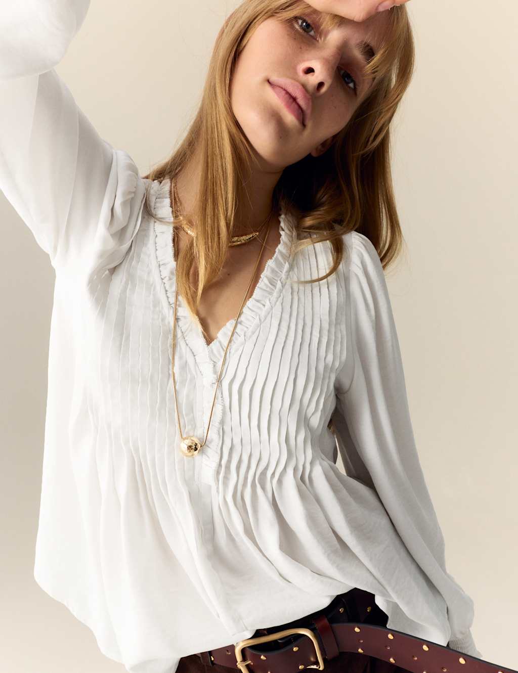 Per Una Satin V-Neck Ruffle Pleat Detail Blouse Cream