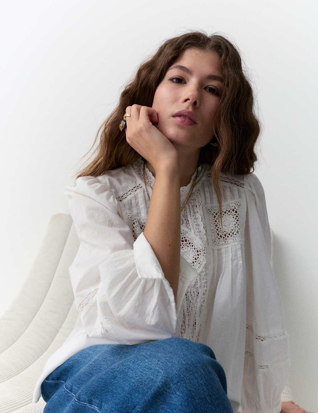 Per Una Pure Cotton Crew Neck Lace Front Blouse Ecru