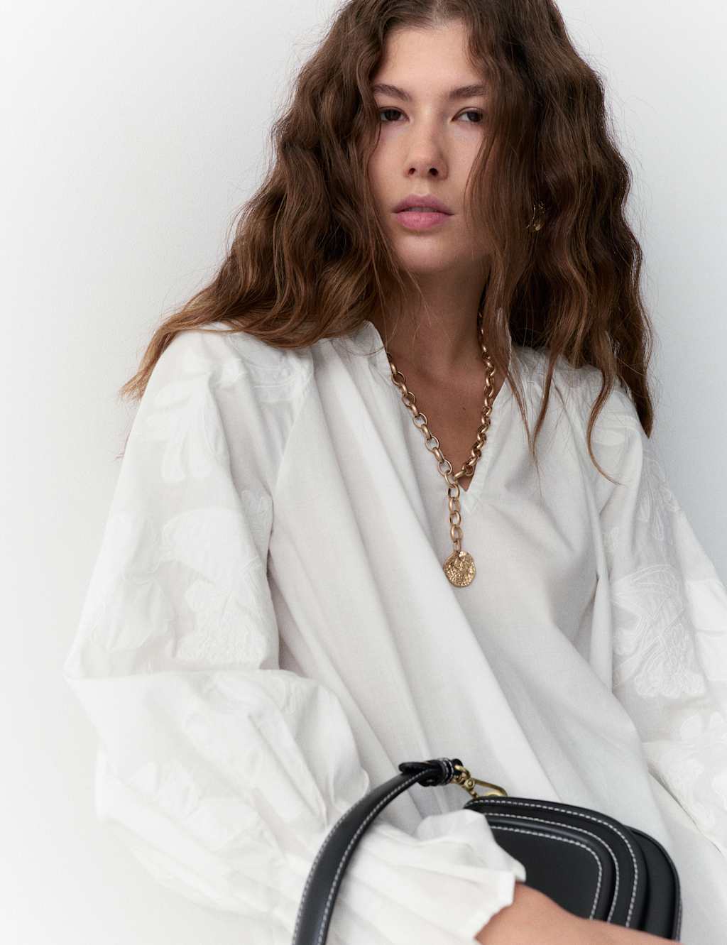 Per Una Pure Cotton V-Neck Cornelli Sleeve Blouse Soft White