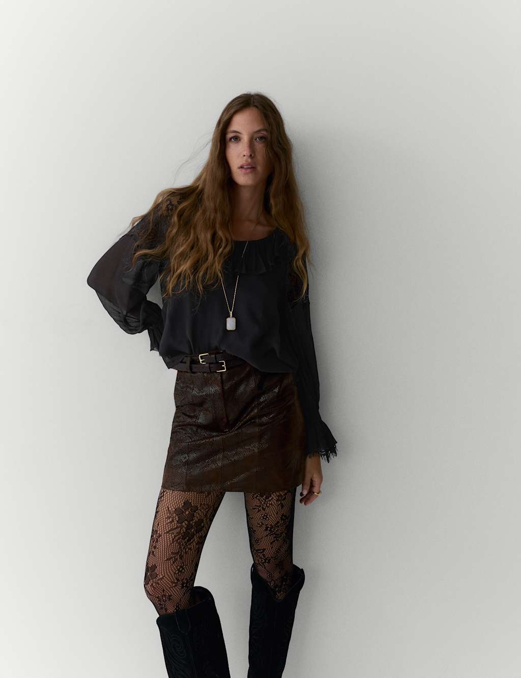 Per Una Lace Detail V-Neck Ruffle Blouse Black