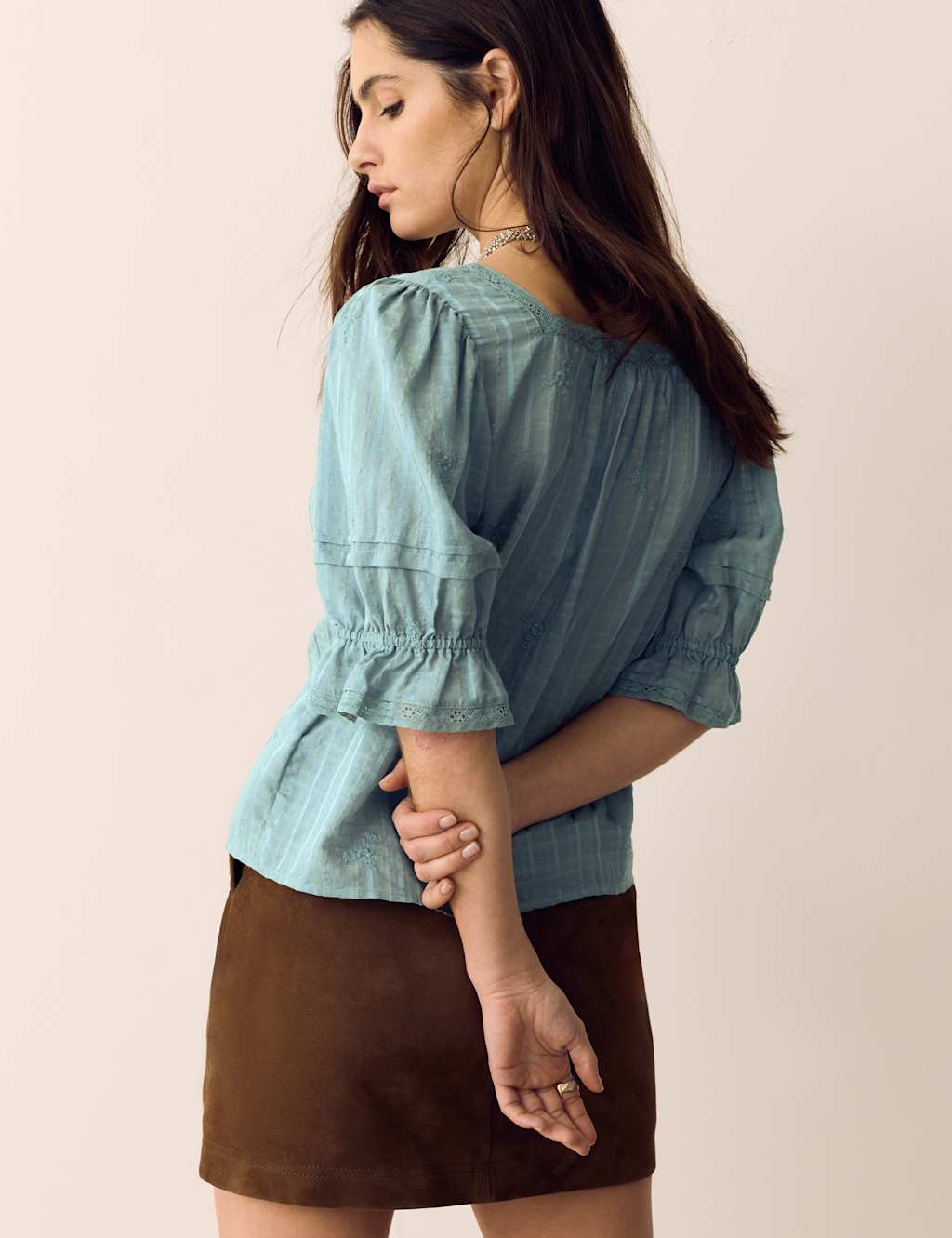 Per Una Women's Cotton Rich Embroidered Square Neck Lace Detail Blouse - 14 - Dusted Aqua