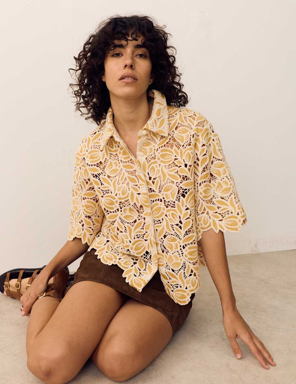 Per Una Women's Cotton Blend Lace Overshirt - 24 - Yellow Mix