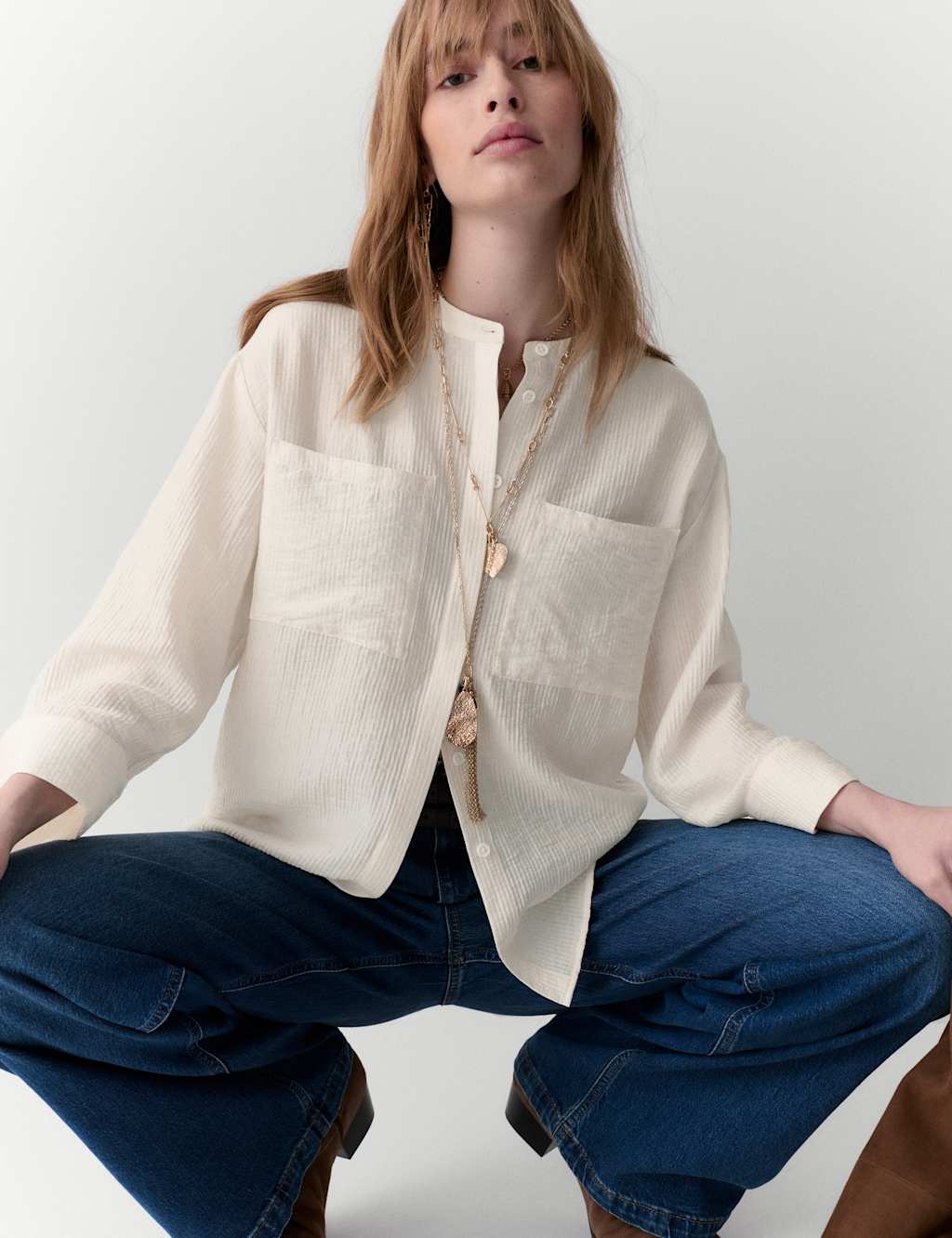 Per Una Women's Lyocell Textured Collarless Utility Shirt - 12 - Ecru