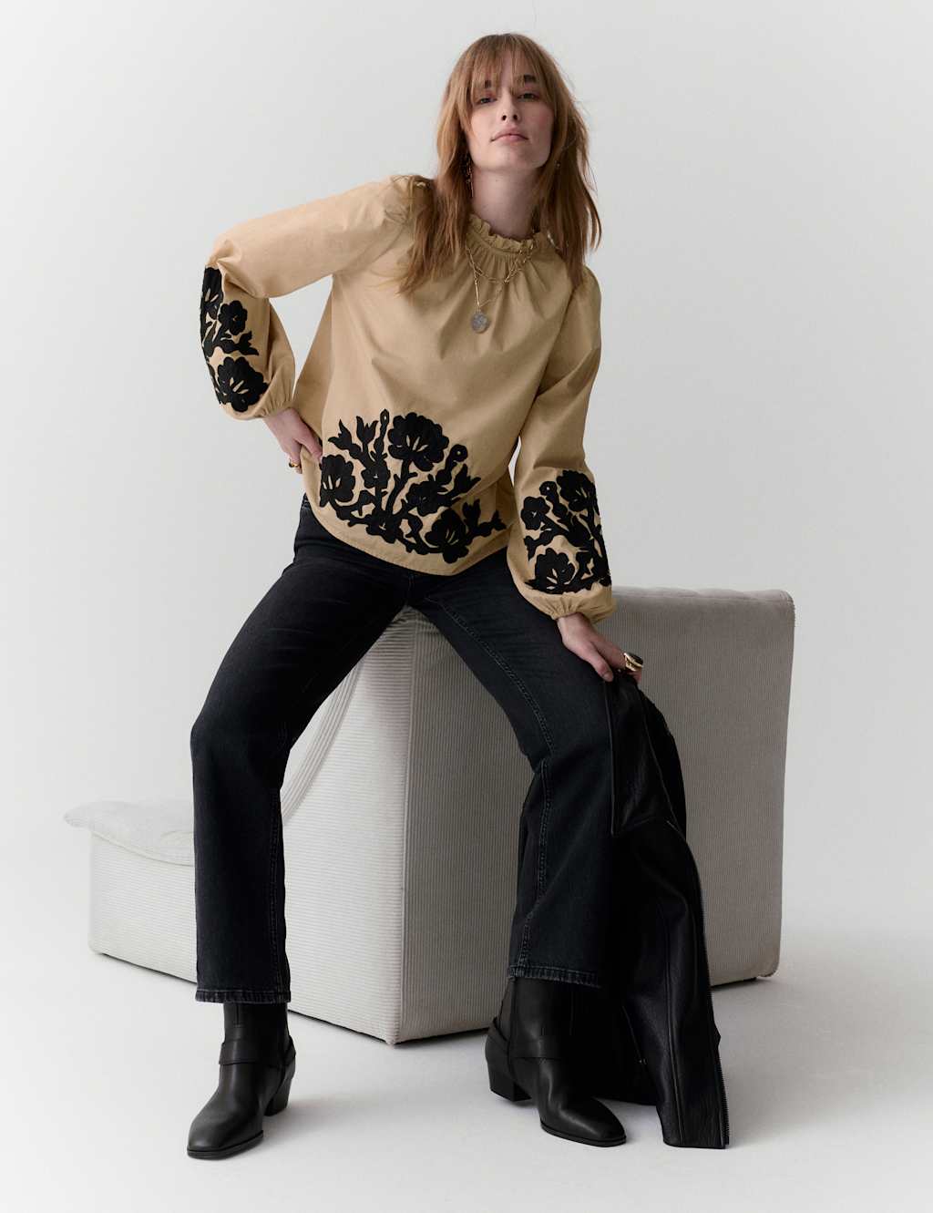Per Una Women's Pure Cotton Contrast Applique Blouse - 8 - Natural Mix