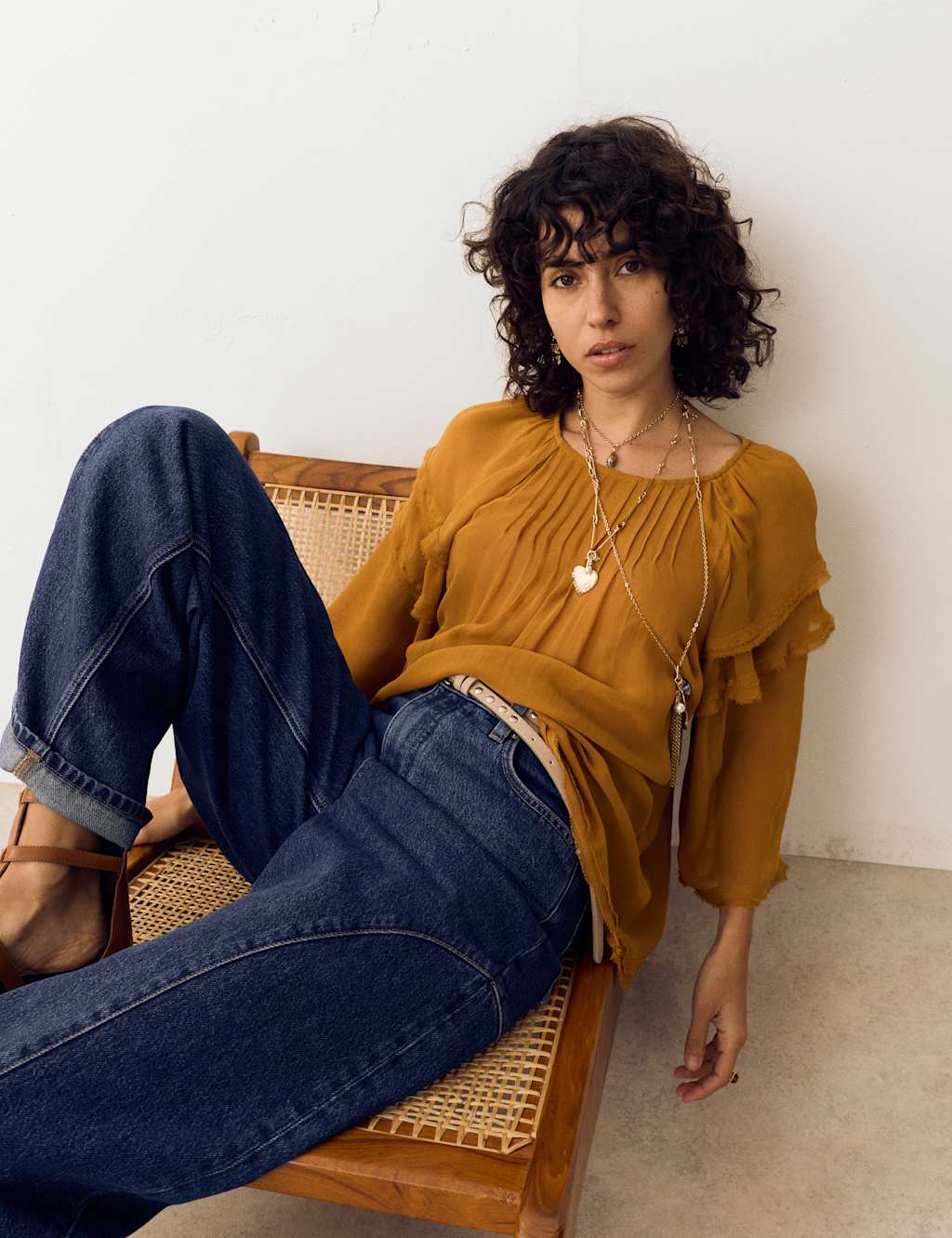Per Una Women's Sheer Ruffle Shoulder Pintuck Blouse - 6 - Antique Gold