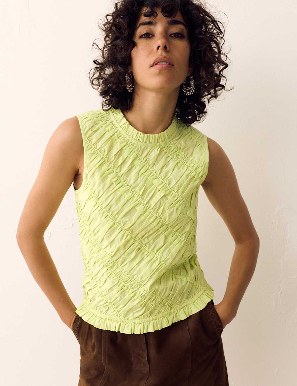 Per Una Women's Pure Cotton Shirred Sleeveless Top - 14 - Soft Lime