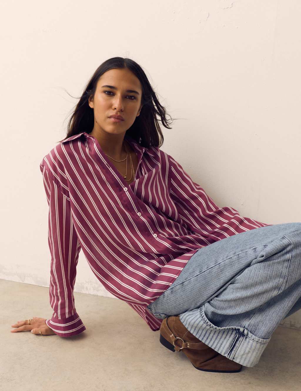 Per Una Women's Lyocell Rich Striped Collared Relaxed Shirt - 12 - Pink Mix