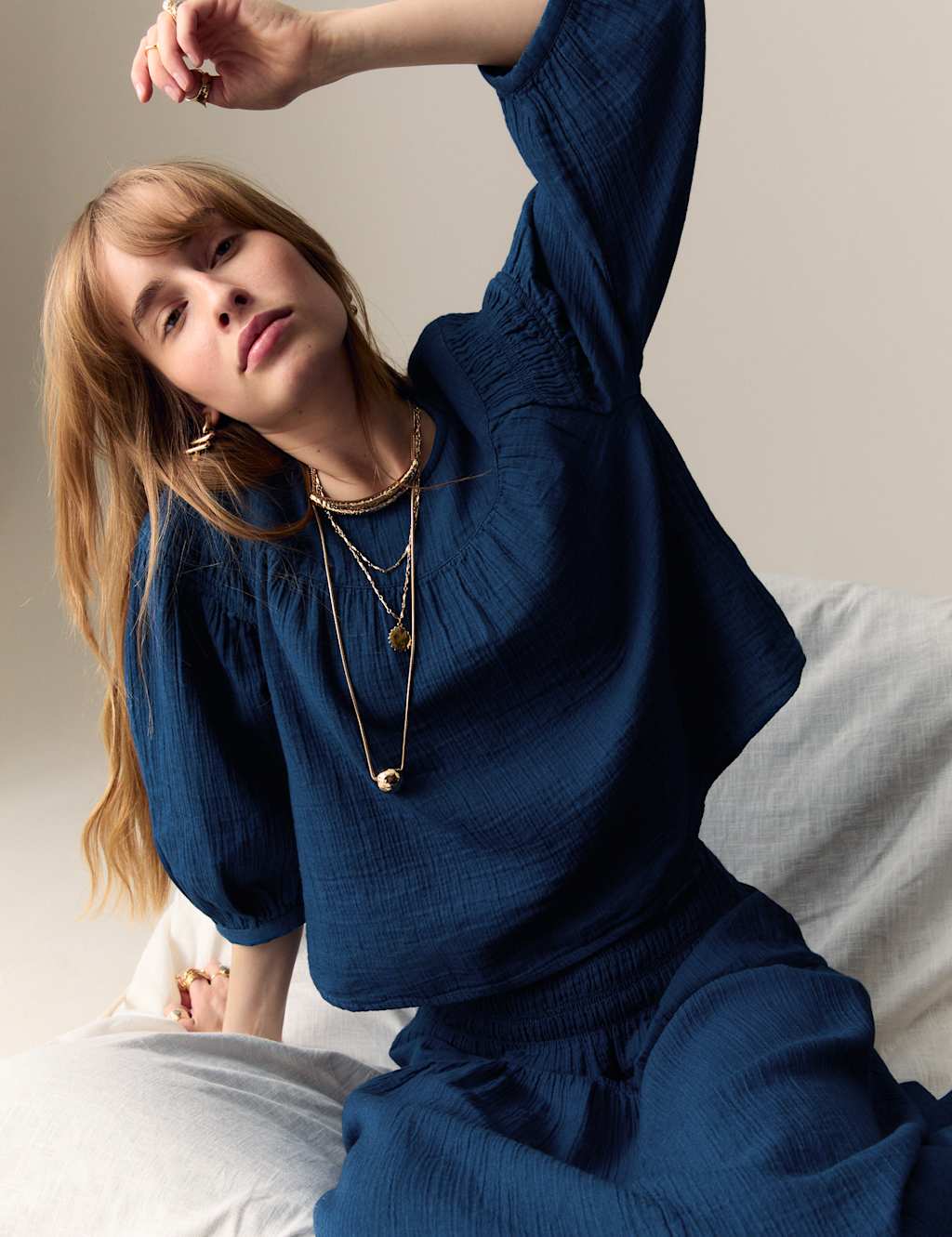 Pure Cotton Round Neck Gathered Popover Blouse