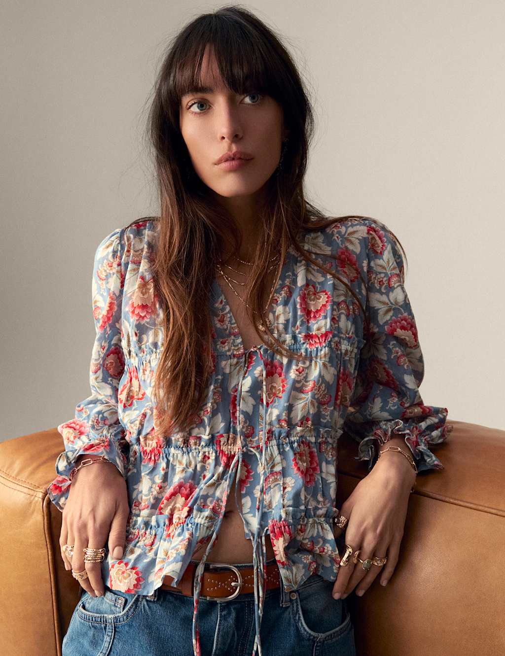 Pure Cotton Floral V-Neck Tie Front Blouse