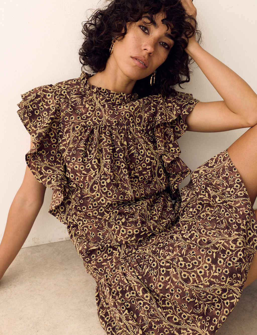 Per Una Women's Pure Cotton Floral High Neck Ruffle Top - 10 - Brown Mix