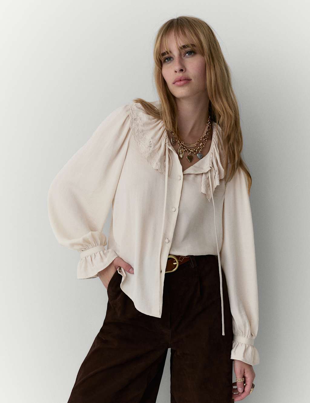 Per Una Satin Peter Pan Collar Tie Detail Blouse Ecru