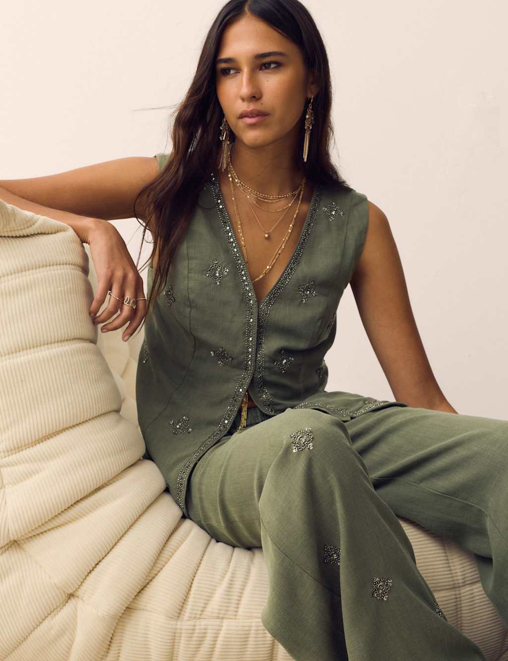 Per Una Women's Linen Blend Embellished Waistcoat - 14 - Hunter Green