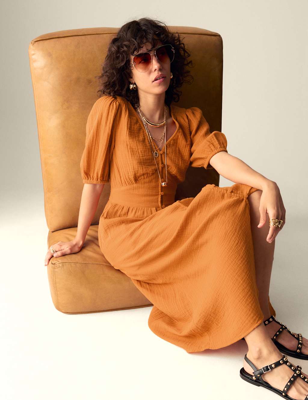 Pure Cotton V-Neck Button Through Midi Waisted Dress