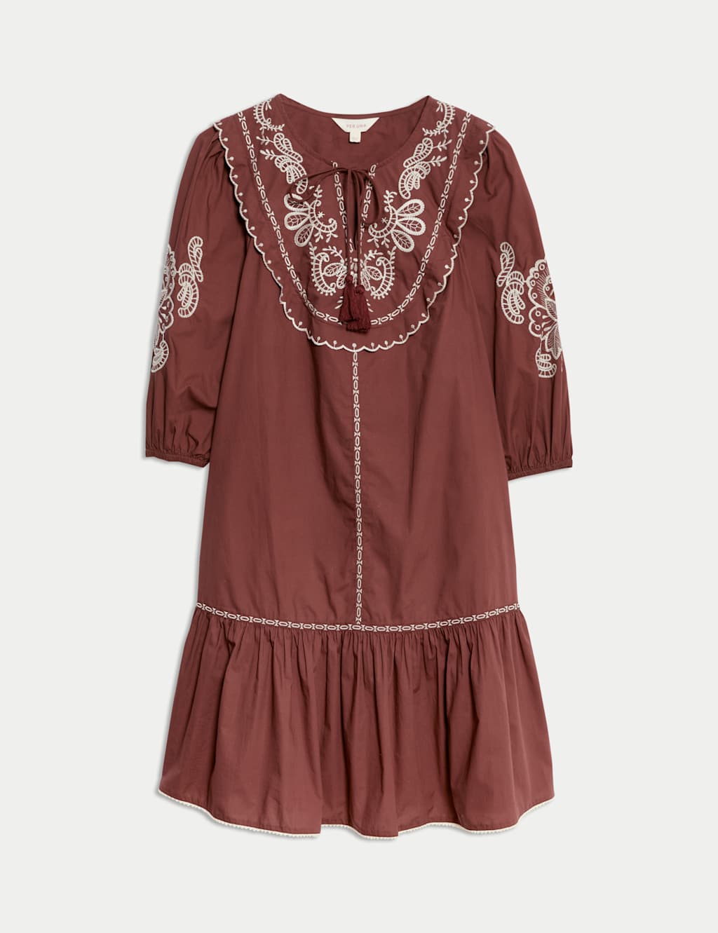 Pure Cotton Embroidered Tie Neck Puff Sleeve Mini Tiered Dress