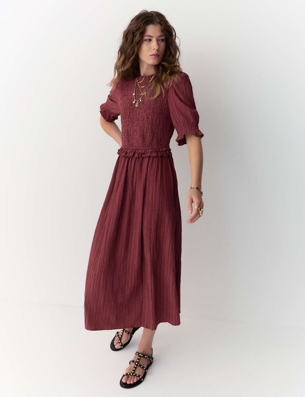 Per Una Crew Neck Ruffle Midi Dress Claret