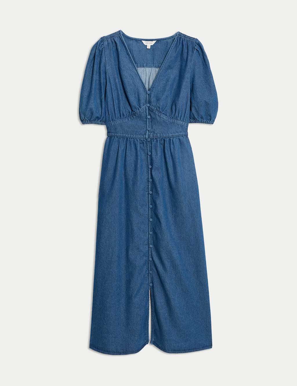 Denim V-Neck Button Through Midi Waisted Dress