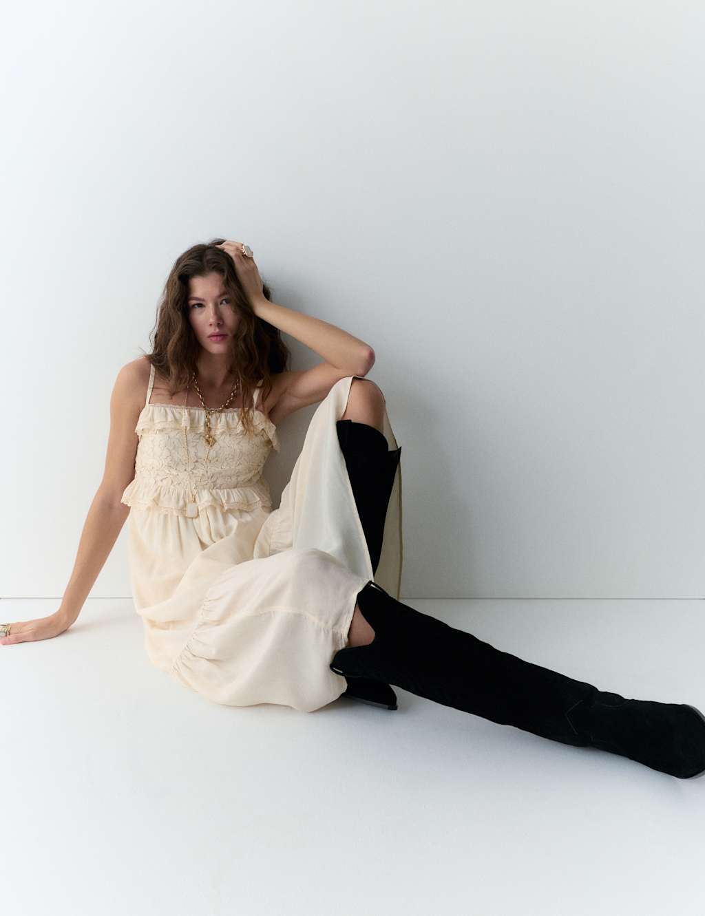 Per Una Lace Detail Ruffle Midaxi Cami Dress Ecru