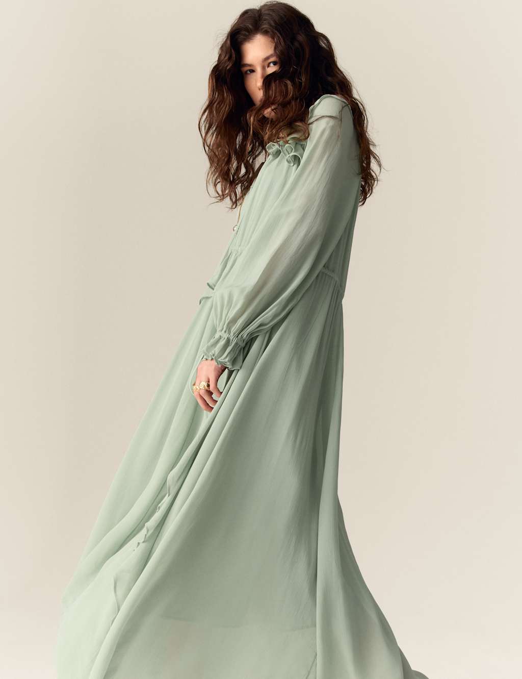Tie Neck Ruffle Maxi Waisted Dress