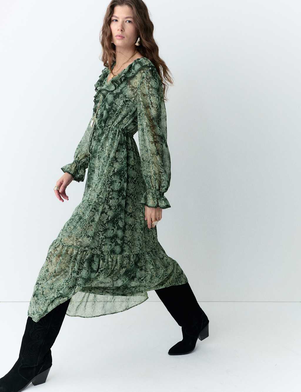 Per Una Snake Print V-Neck Frill Detail Midi Dress Green Mix
