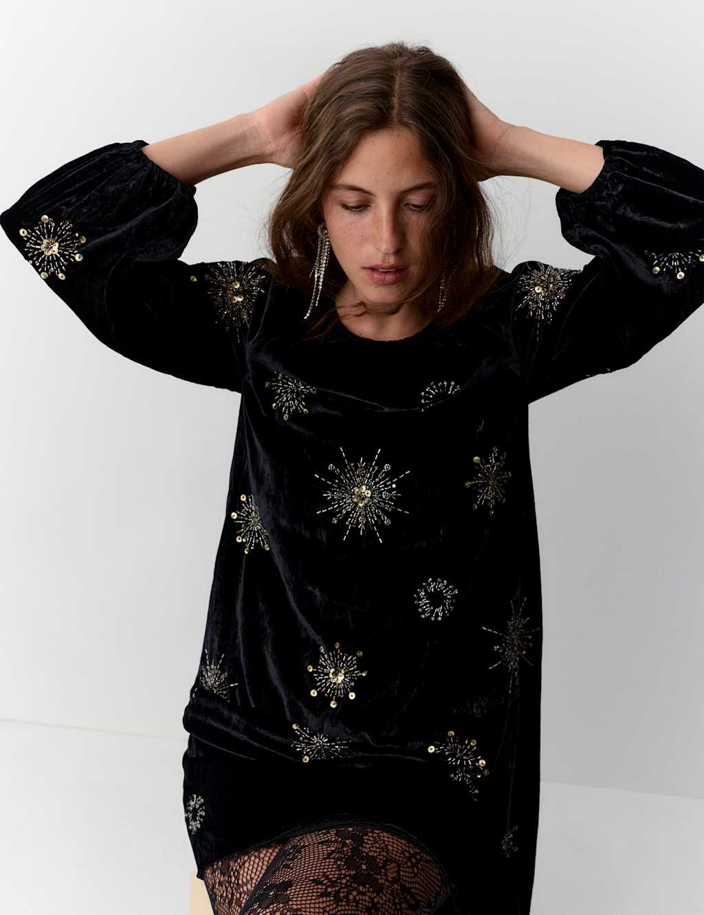 Per Una Velvet Embellished Mini Swing Dress Black