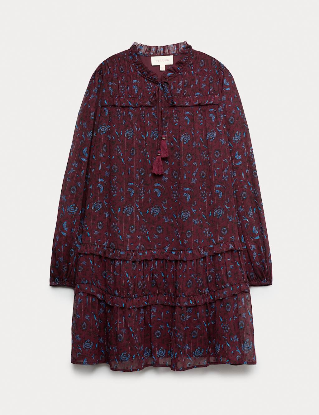 Per Una Chiffon Printed Metallic Mini Skater Dress Burgundy Mix