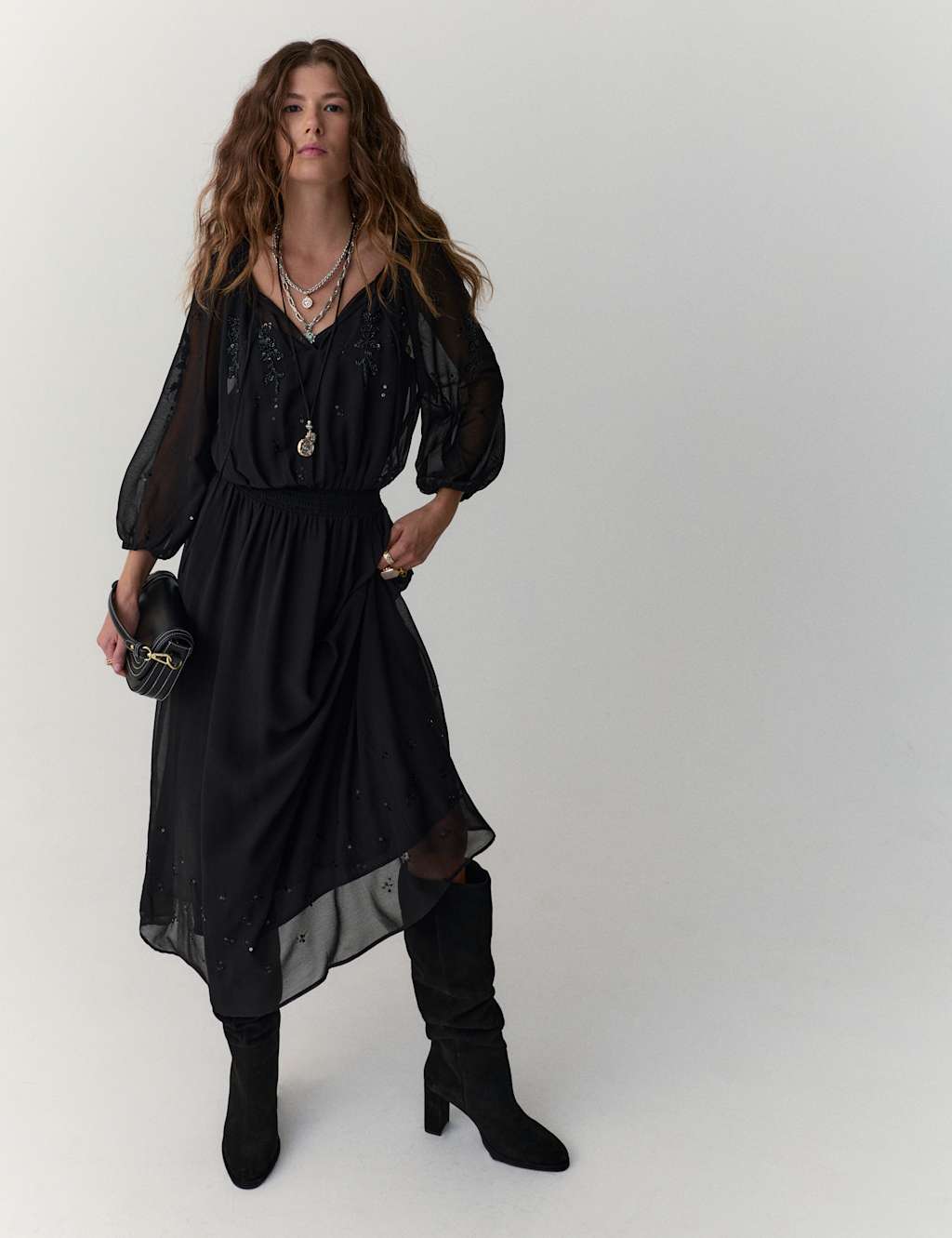 Per Una Embellished Tie-Neck Midi Waisted Dress Black