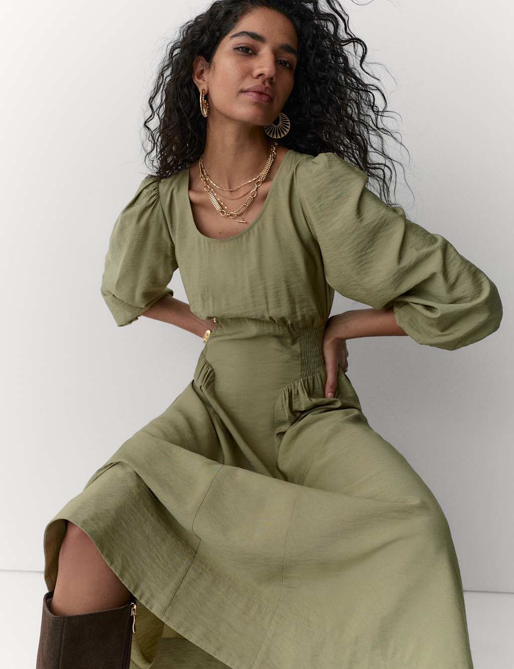 Per Una Women's Scoop Neck Midi Shirred Dress - 12 - Soft Green