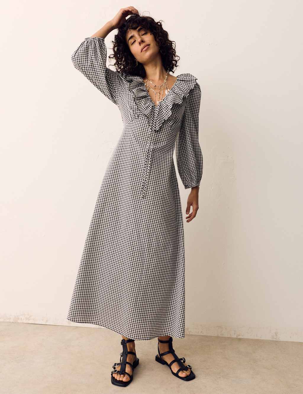 Per Una Women's Cotton Rich Gingham Frill Neck Midaxi Dress - 16 - Black Mix