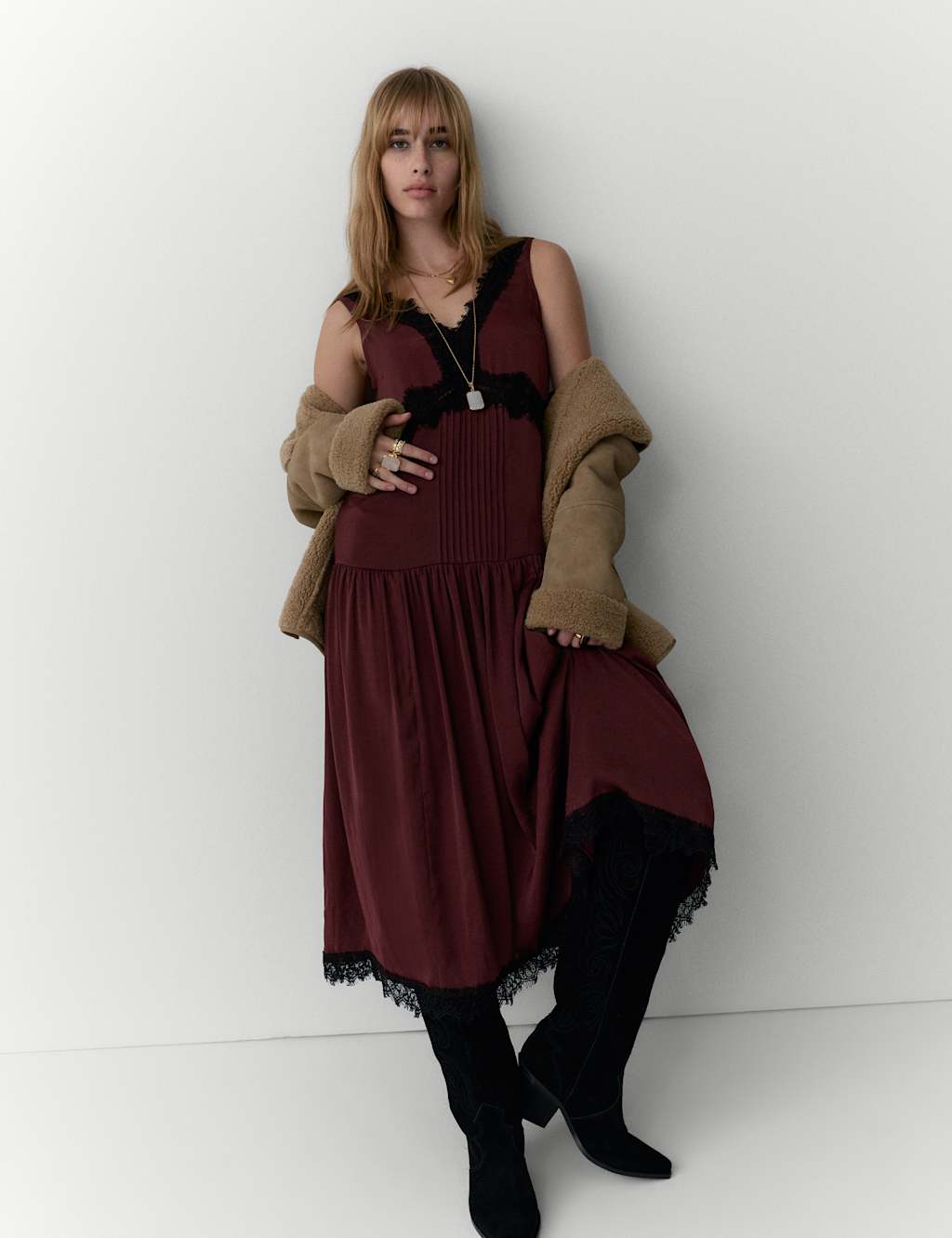 Per Una Satin Lace Detail Midi Drop Waist Dress Dark Burgundy