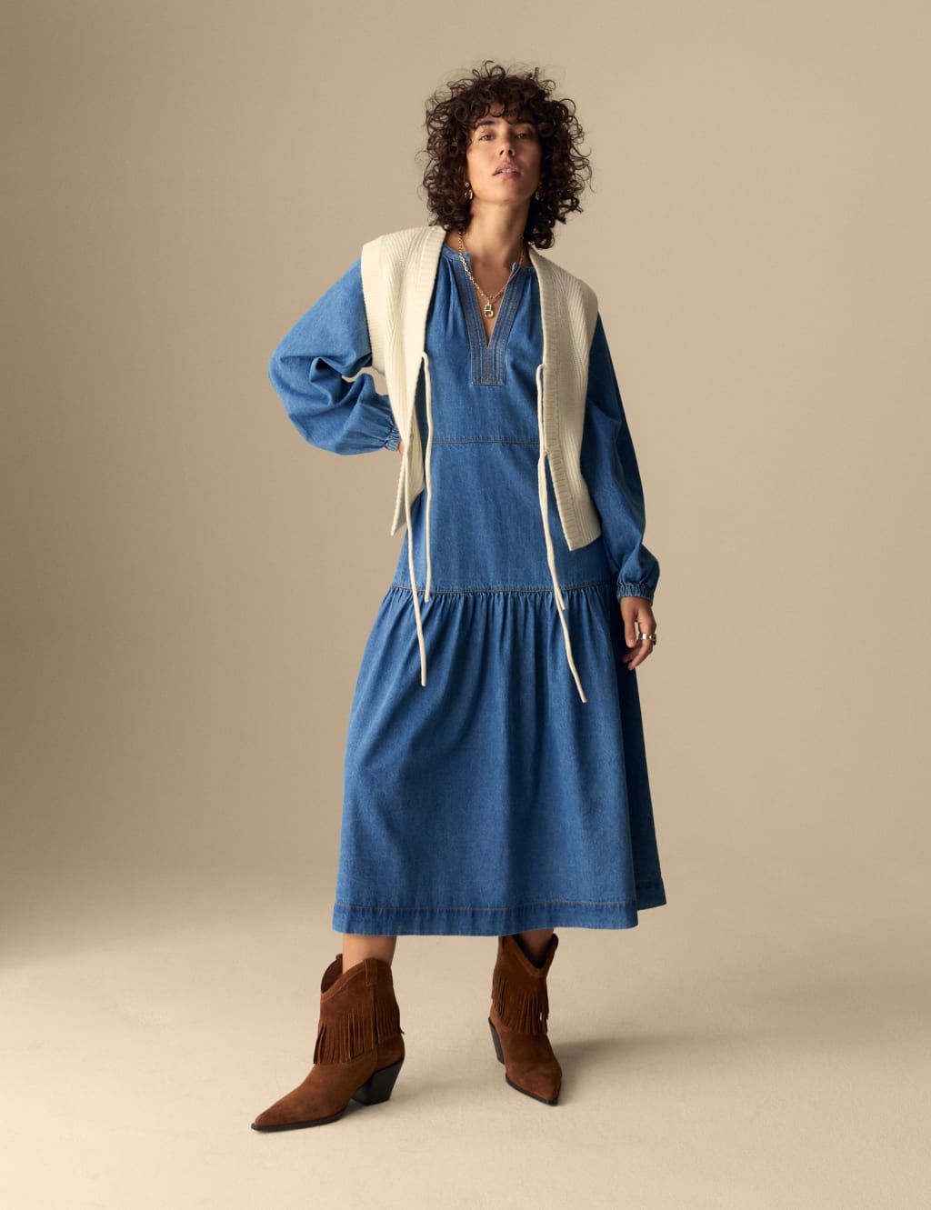 Denim V-Neck Midi Tiered Waisted Dress