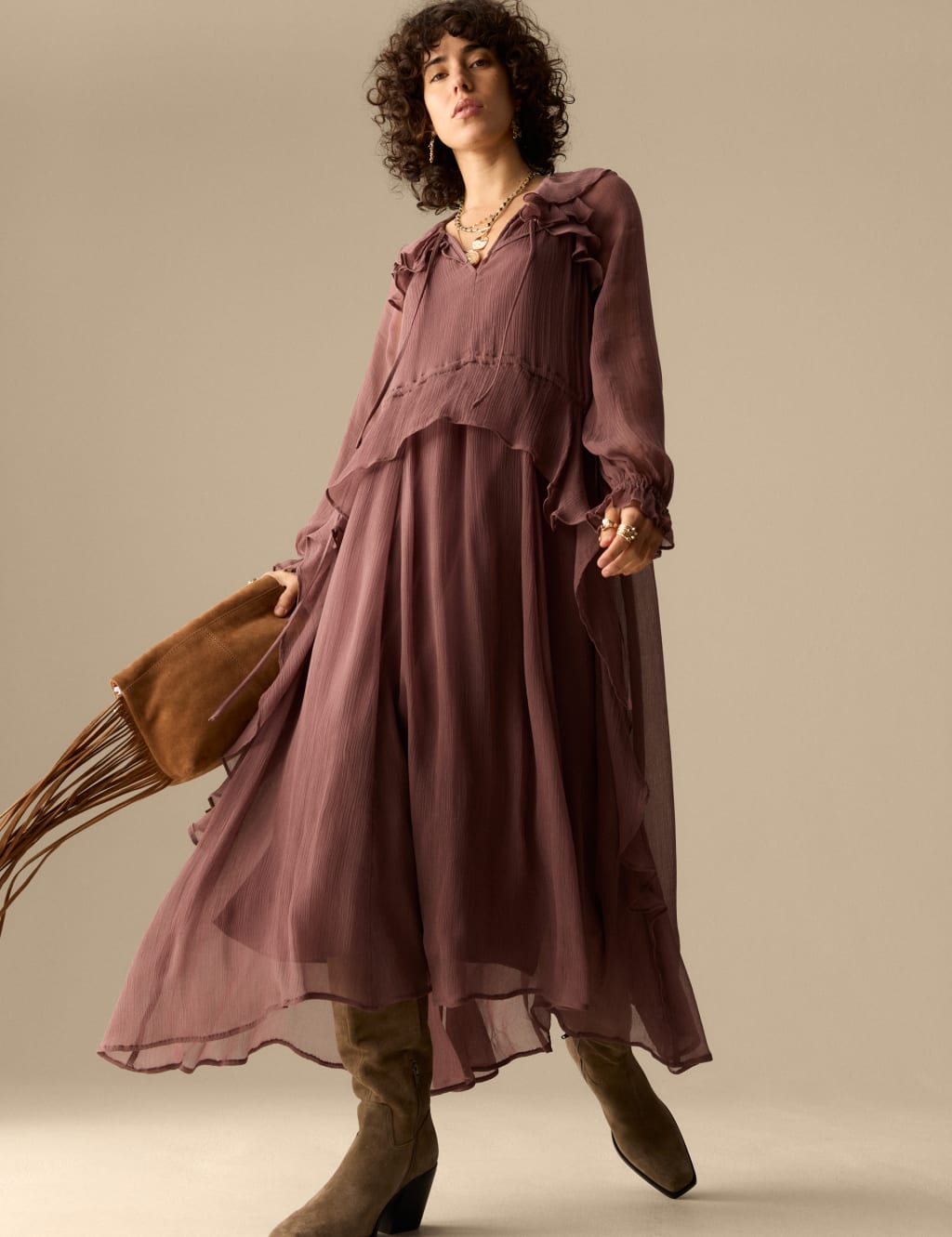 Cupro Ruffle Tie Neck Maxi Waisted Dress