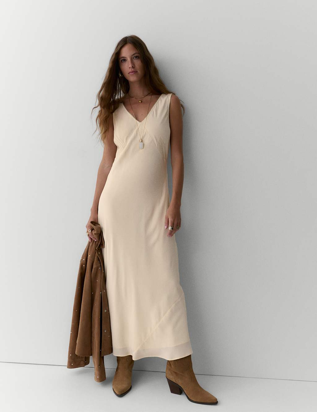 Per Una Pure Silk Beaded V-Neck Maxi Slip Dress Ecru